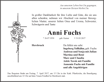 Traueranzeige von Anni Fuchs von Hersbrucker Zeitung