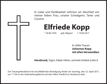 Traueranzeige von Elfriede Kopp von Hersbrucker Zeitung