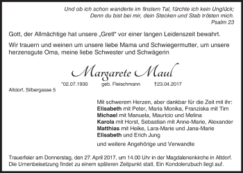 Traueranzeige von Margarete Maul von Der Bote