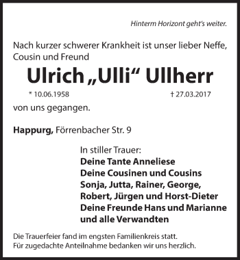 Traueranzeige von Ulrich Ullherr von Hersbrucker Zeitung