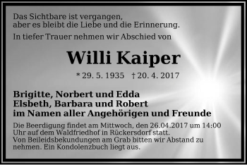 Traueranzeige von Willi Kaiper von Pegnitz-Zeitung