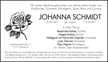 Traueranzeige von Johanna Schmidt von Hersbrucker Zeitung