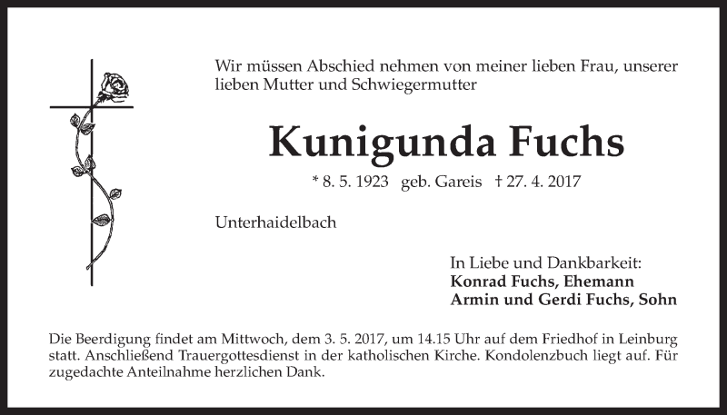  Traueranzeige für Kunigunda Fuchs vom 29.04.2017 aus Der Bote