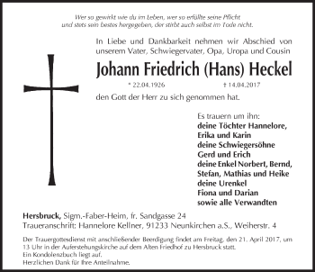 Traueranzeige von Johann Friedrich Heckel von Hersbrucker Zeitung