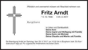 Traueranzeige von Fritz Arndt von Der Bote