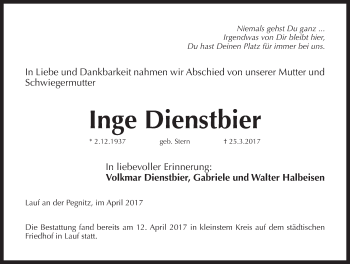 Traueranzeige von Inge Dienstbier von Pegnitz-Zeitung