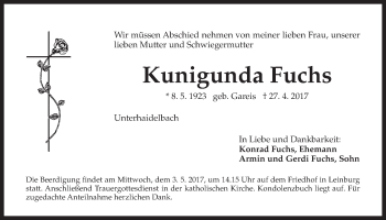 Traueranzeige von Kunigunda Fuchs von Der Bote