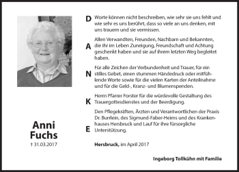 Traueranzeige von Anni Fuchs von Hersbrucker Zeitung