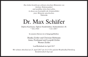 Traueranzeige von Max Schäfer von Pegnitz-Zeitung