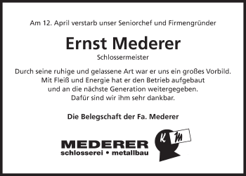 Traueranzeige von Ernst Mederer von Der Bote