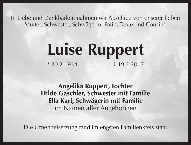  Traueranzeige für Luise Ruppert vom 01.04.2017 aus Pegnitz-Zeitung