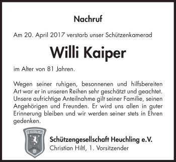 Traueranzeige von Willi Kaiper von N-Land