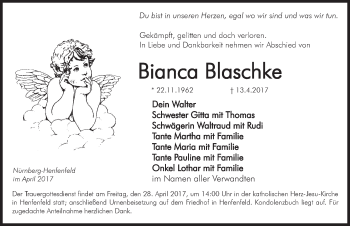 Traueranzeige von Bianca Blaschke von Hersbrucker Zeitung