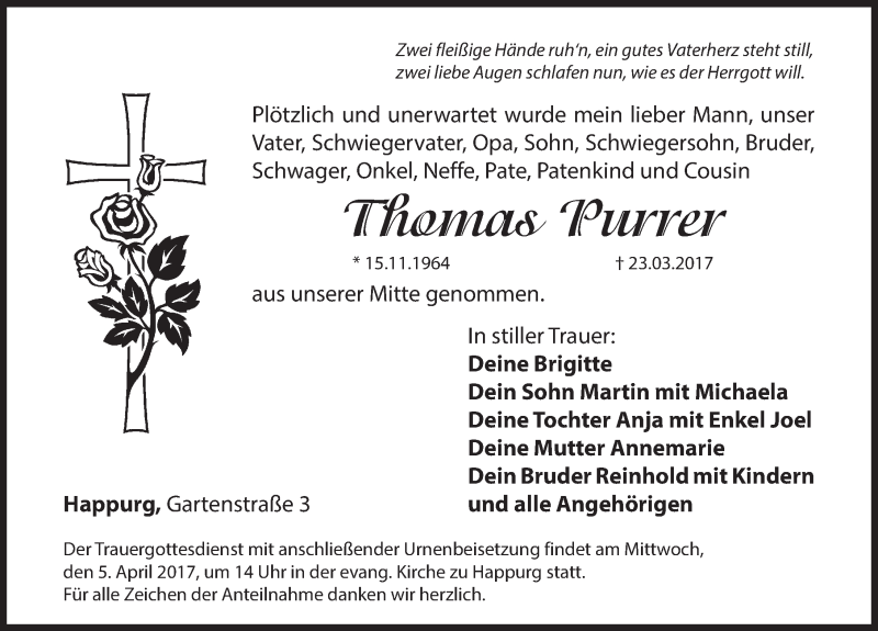  Traueranzeige für Thomas Purrer vom 01.04.2017 aus Hersbrucker Zeitung
