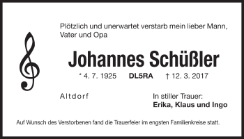 Traueranzeige von Johannes Schüßler von Der Bote