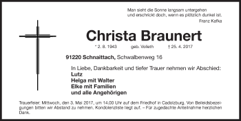 Traueranzeige von Christa Braunert von Pegnitz-Zeitung