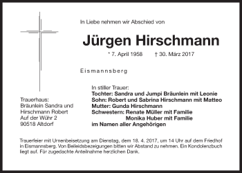 Traueranzeige von Jürgen Hirschmann von Der Bote