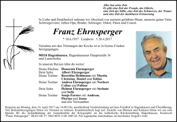 Traueranzeige von Franz Ehrnsperger von Der Bote
