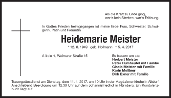 Traueranzeige von Heidemarie Meister von Der Bote