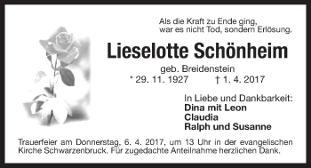 Traueranzeige von Lieselotte Schönheim von Der Bote