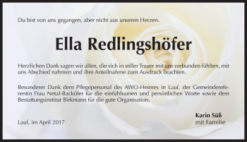 Traueranzeige von Ella Redlingshöfer von Pegnitz-Zeitung