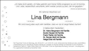 Traueranzeige von Lina Bergmann von Hersbrucker Zeitung