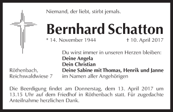 Traueranzeige von Bernhard Schatton von Pegnitz-Zeitung