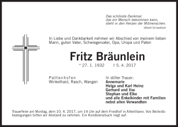 Traueranzeige von Fritz Bräunlein von Der Bote