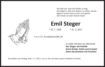 Traueranzeige von Emil Steger von Der Bote
