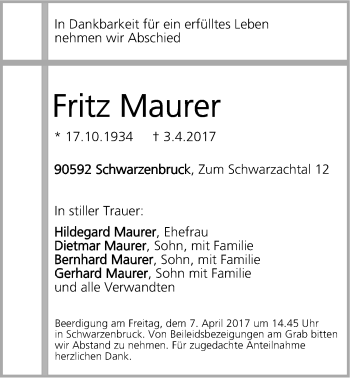 Traueranzeige von Fritz Maurer von Der Bote