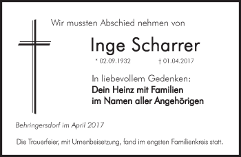 Traueranzeige von Inge Scharrer von Pegnitz-Zeitung
