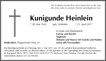 Traueranzeige von Kunigunde Heinlein von Pegnitz-Zeitung