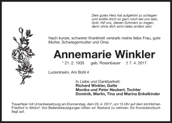 Traueranzeige von Annemarie Winkler von Der Bote