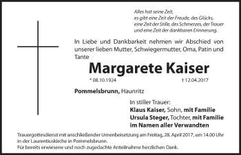 Traueranzeige von Margarete Kaiser von Hersbrucker Zeitung