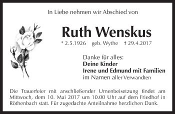 Traueranzeige von Ruth Wenskus von Pegnitz-Zeitung