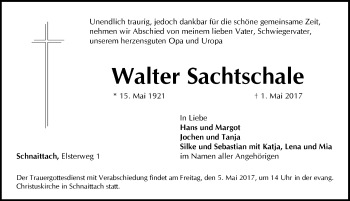 Traueranzeige von Walter Sachtschale von Pegnitz-Zeitung