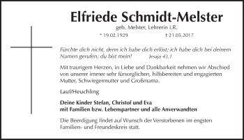 Traueranzeige von Elfriede Schmidt-Melster von Pegnitz-Zeitung