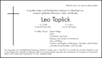 Traueranzeige von Leo Taplick von Pegnitz-Zeitung