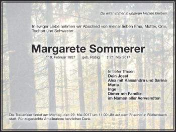 Traueranzeige von Margarete Sommerer von Pegnitz-Zeitung
