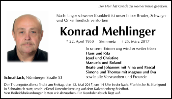 Traueranzeige von Konrad Mehlinger von Pegnitz-Zeitung