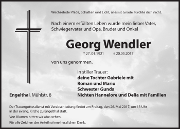 Traueranzeige von Georg Wendler von Hersbrucker Zeitung
