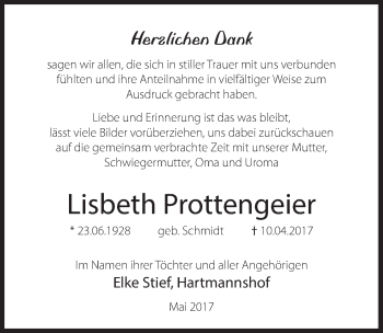 Traueranzeige von Lisbeth Prottengeier von Hersbrucker Zeitung