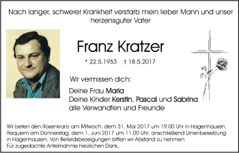 Traueranzeige von Franz Kratzer von Der Bote