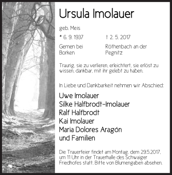 Traueranzeige von Ursula Imolauer von Pegnitz-Zeitung