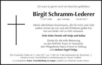 Traueranzeige von Birgit Schramm-Lederer von Hersbrucker Zeitung