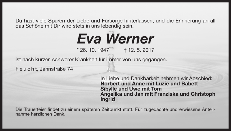  Traueranzeige für Evi Werner vom 16.05.2017 aus Der Bote
