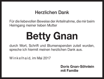 Traueranzeige von Betty Gnan von Der Bote