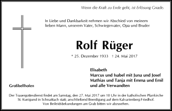 Traueranzeige von Rolf Rüger von Pegnitz-Zeitung