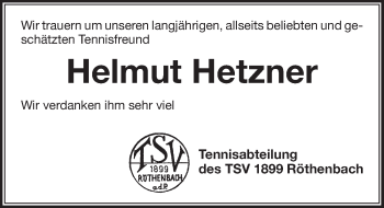 Traueranzeige von Helmut Hetzner von Pegnitz-Zeitung