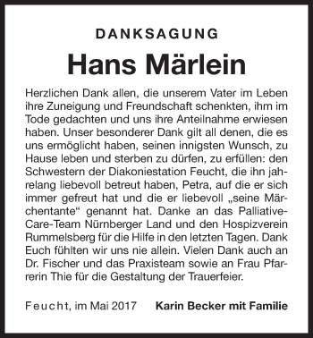 Traueranzeige von Hans Märlein von Der Bote